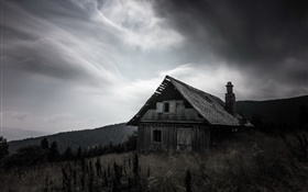 Night, old wood house, black white style