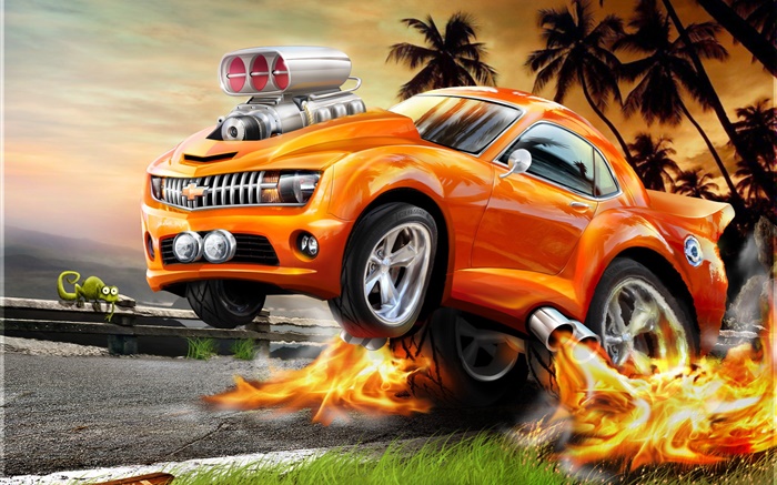 Orange Chevrolet car, 3D design Wallpapers Pictures Photos Images