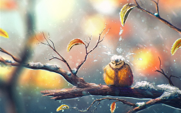 Painting, bird in winter, tree branch, snow, leaves Wallpapers Pictures Photos Images