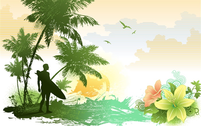 Palm trees, flowers, birds, sea, tropical, man, vector pictures Wallpapers Pictures Photos Images