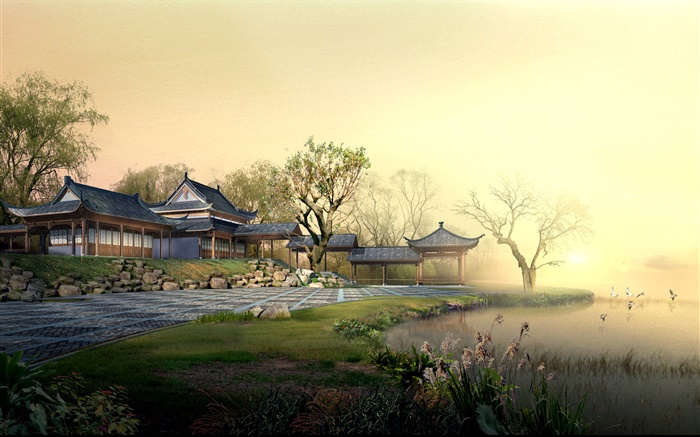 Park, dawn, road, lake, fog, pavilion, 3D render pictures Wallpapers Pictures Photos Images