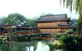 Park, lake, pavilion, covered bridge, 3D design HD wallpaper