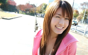 Pink dress Asian girl, smile HD wallpaper