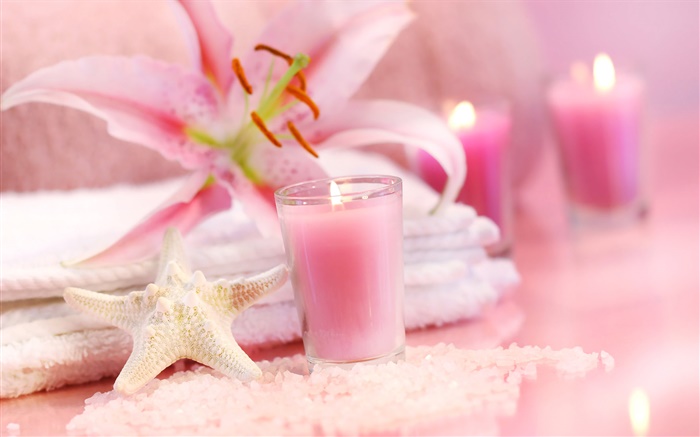 Pink style, candles, starfish, orchid, towel, SPA still life Wallpapers Pictures Photos Images