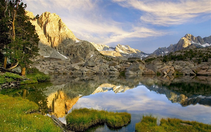 Pond, rocks, mountains, reflection Wallpapers Pictures Photos Images