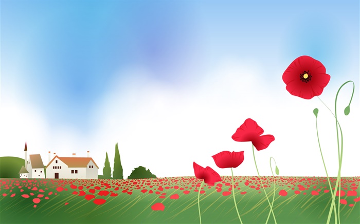 Poppies, house, spring, vector pictures Wallpapers Pictures Photos Images