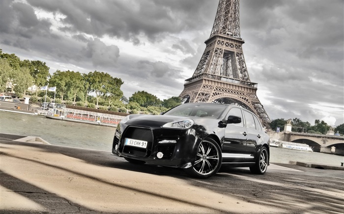Porsche Cayenne black car, Eiffel Tower Wallpapers Pictures Photos Images