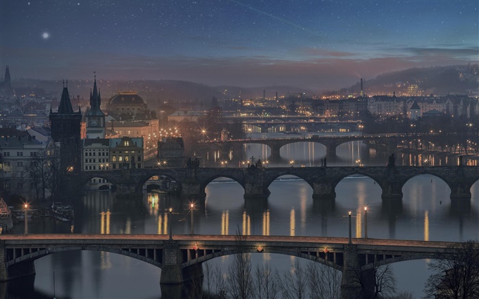 Prague, Czech Republic, bridge, river, house, night, lights Wallpapers Pictures Photos Images