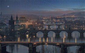 Prague, Czech Republic, bridge, river, house, night, lights HD wallpaper