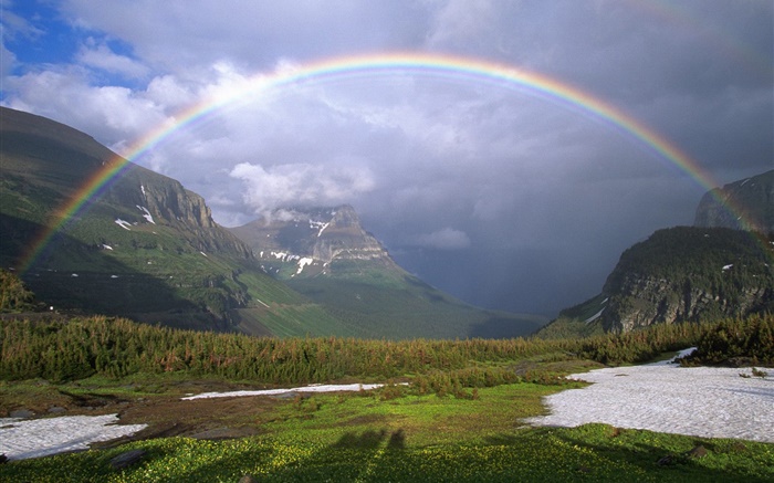 Rainbow, mountains, trees, grass, clouds Wallpapers Pictures Photos Images