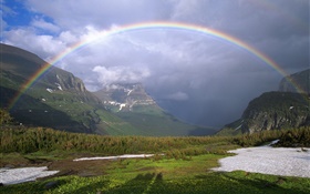 Rainbow, mountains, trees, grass, clouds HD wallpaper