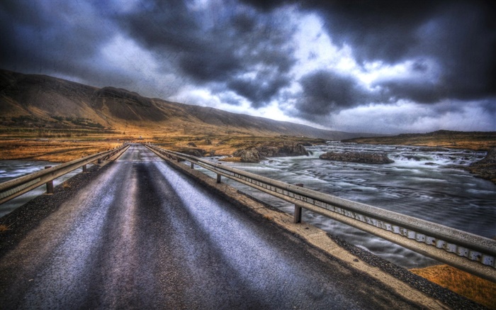 Rainy day, bridge, road, river, mountains, clouds Wallpapers Pictures Photos Images