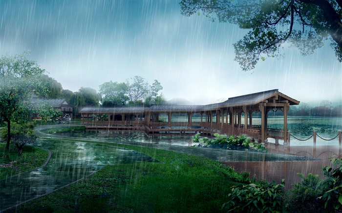 Rainy day, park, covered bridge, trees, lake, path, 3D design Wallpapers Pictures Photos Images