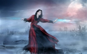 Red dress fantasy girl, magic, boat, night, moon HD wallpaper