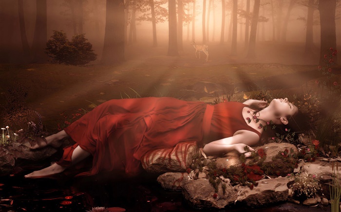 Red dress fantasy girl, sleep in the forest Wallpapers Pictures Photos Images