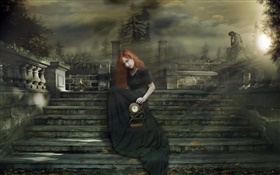 Red hair fantasy girl, stairs, clock, night HD wallpaper