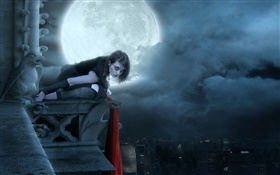 Red lip fantasy girl at moon night, city HD wallpaper