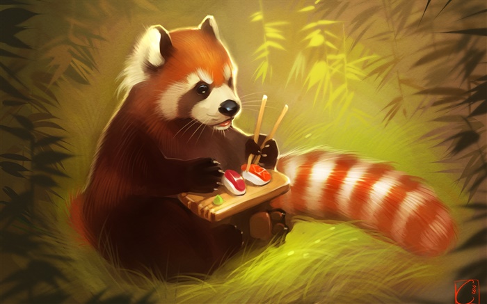 Red panda eating food, sushi, bear, creative painting Wallpapers Pictures Photos Images
