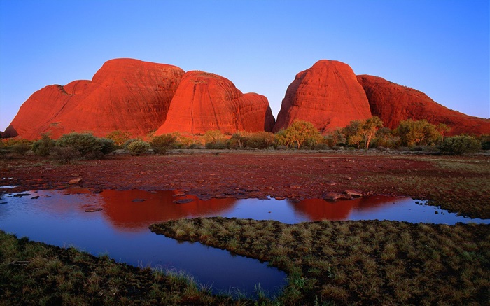 Red rock mountain, water, grass, dusk, Australia Wallpapers Pictures Photos Images