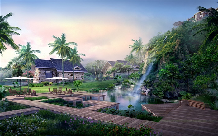 Resort, waterfall, palm trees, house, tropical, 3D design Wallpapers Pictures Photos Images