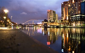 River, houses, bridge, lamps, night, city HD wallpaper