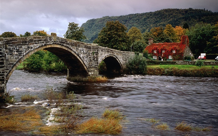 River, stones bridge, house, trees, clouds Wallpapers Pictures Photos Images