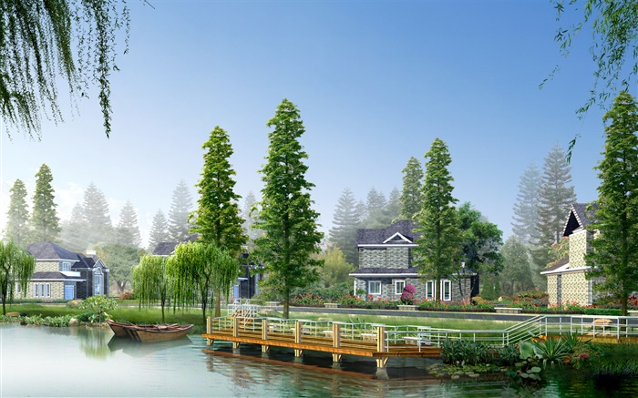 River, trees, boats, houses, 3D design picture Wallpapers Pictures Photos Images