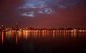 River, water reflection, city, lights, night HD wallpaper
