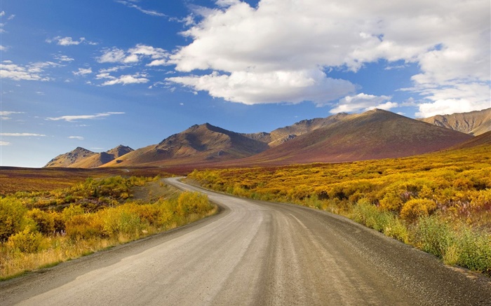 Road, grass, mountains, clouds, blue sky Wallpapers Pictures Photos Images