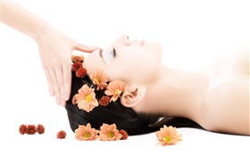 SPA close-up, girl, flowers, hair, massage HD wallpaper