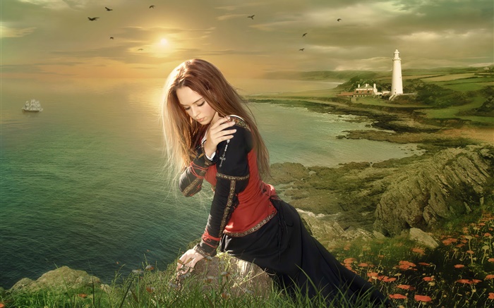 Sadness fantasy girl sit at seaside Wallpapers Pictures Photos Images