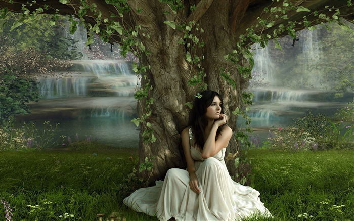 Sadness fantasy girl under the tree Wallpapers Pictures Photos Images