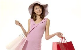 Shopping girl, pink dress HD wallpaper