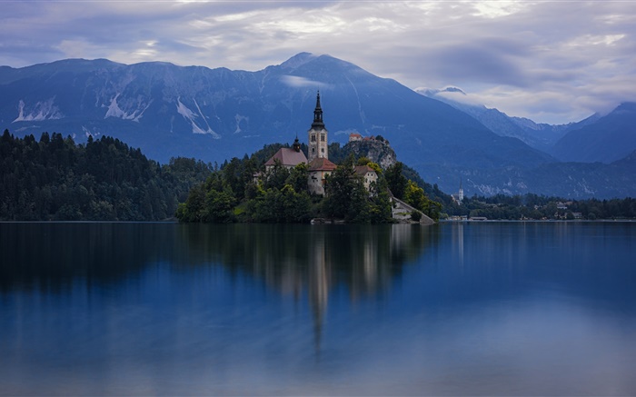 Slovenia, island, Church, lake, trees, mountains, dawn Wallpapers Pictures Photos Images
