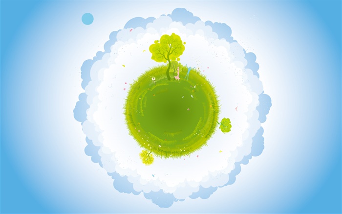 Small planet, green, girl and boy, clouds, creative vector pictures Wallpapers Pictures Photos Images