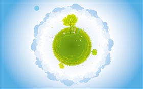 Small planet, green, girl and boy, clouds, creative vector pictures