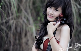 Smile Asian girl, music, violin HD wallpaper