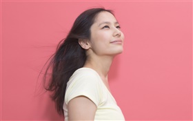 Smile Asian girl, pink background HD wallpaper