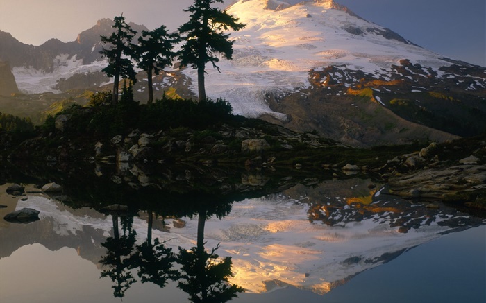 Snow mountain, trees, lake, water reflection, dusk Wallpapers Pictures Photos Images