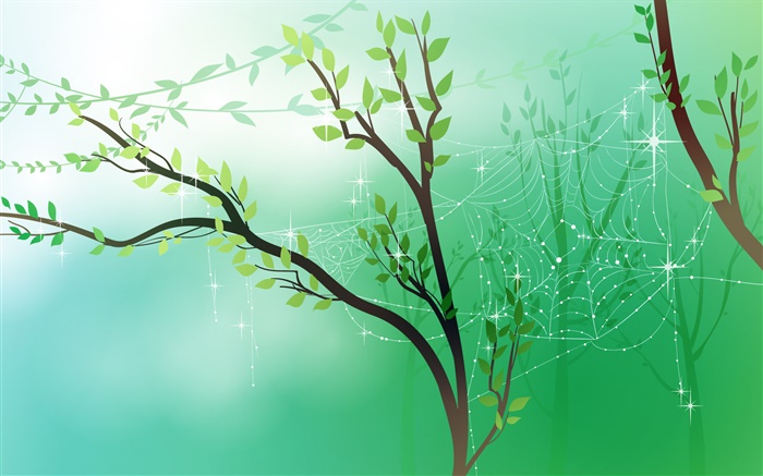 Spring, green, trees, leaves, spider web, dew, vector pictures Wallpapers Pictures Photos Images