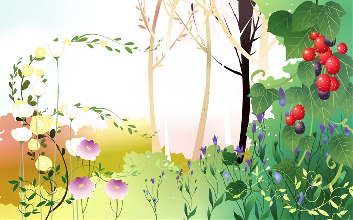 Spring theme, trees, leaves, berries, vector pictures Wallpapers Pictures Photos Images