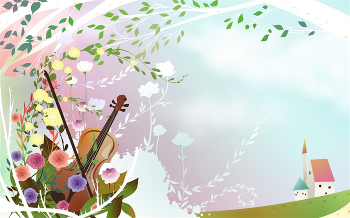 Spring themed, flowers, violin, tree, house, vector pictures Wallpapers Pictures Photos Images
