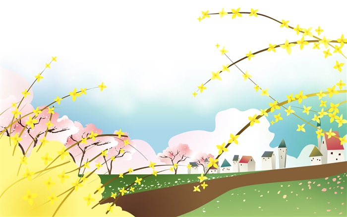 Spring, yellow flowers, houses, vector design Wallpapers Pictures Photos Images