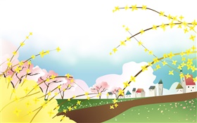 Spring, yellow flowers, houses, vector design