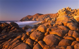 Stones, beach, sea, coast, dusk HD wallpaper