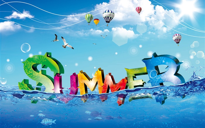 Summer, creative design, colorful, water, fish, birds, balloons Wallpapers Pictures Photos Images
