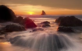 Sunset coast, stones, waves HD wallpaper