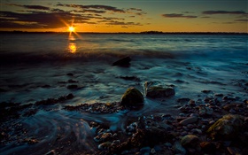 Sunset, dusk, sea, stones, coast HD wallpaper