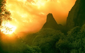 Sunset, mountains, green HD wallpaper