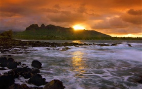 Sunset, red sky, clouds, coast, rocks, Hawaii, USA